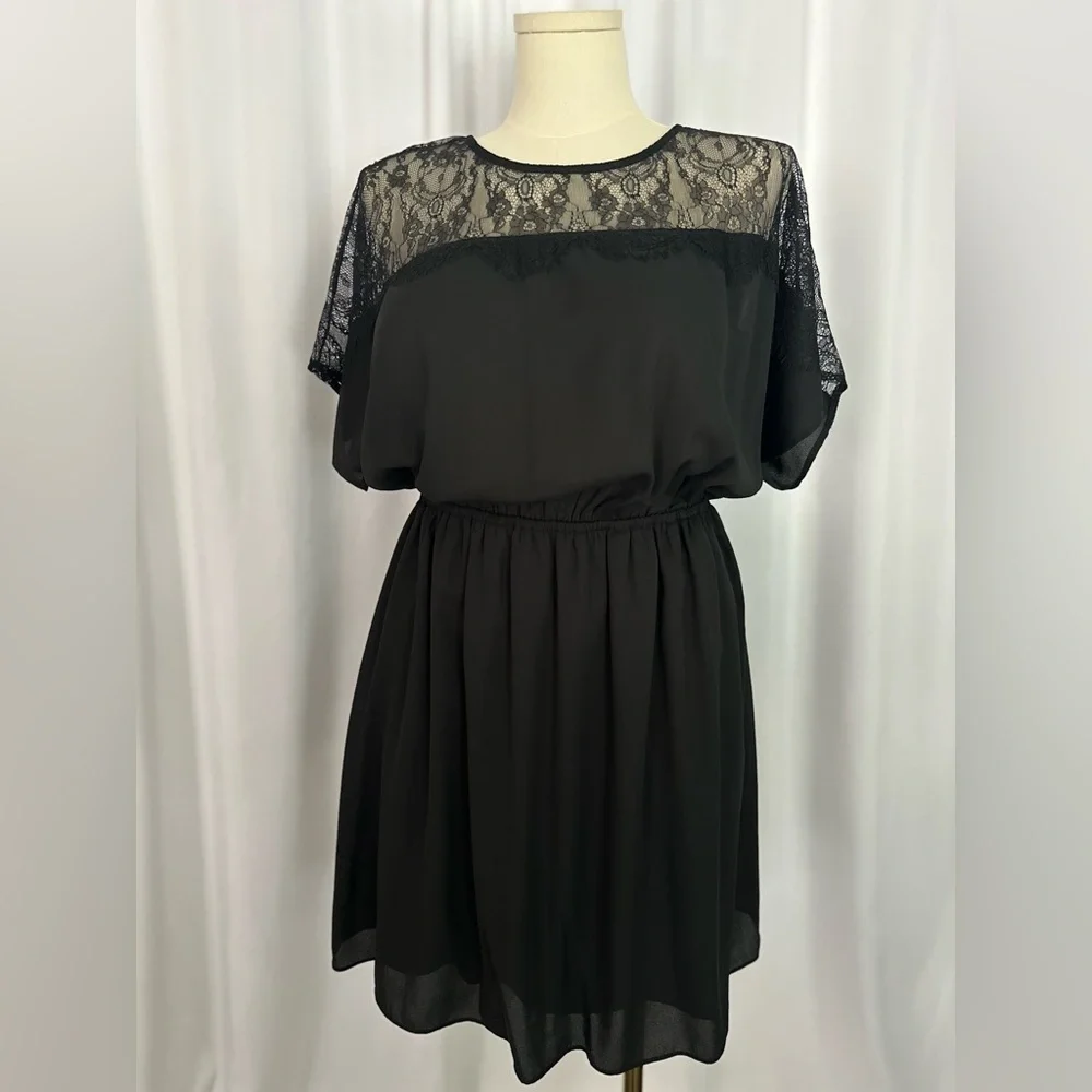 Maitai Black Lace Yoke Chiffon Dress | Elastic Waist | Short Sleeve (1160-6)